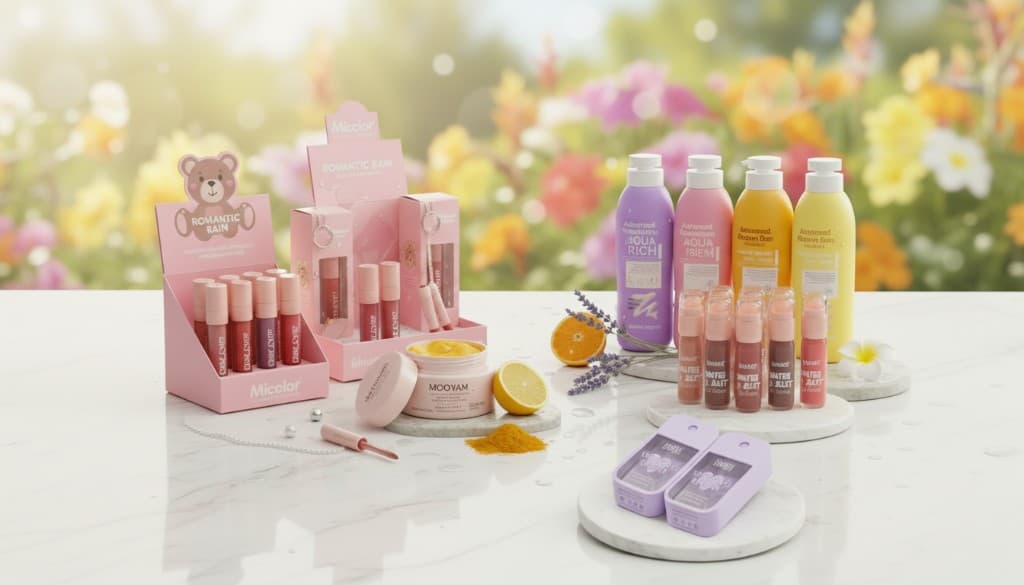 Cosmetics on white marble with garden backdrop — lip care, body care, and turmeric skincare