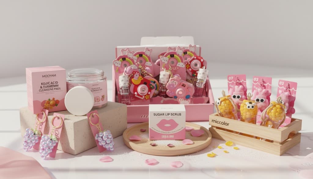 Skincare and beauty display — cleansing pads, sugar lip scrub, and curated pink accessories